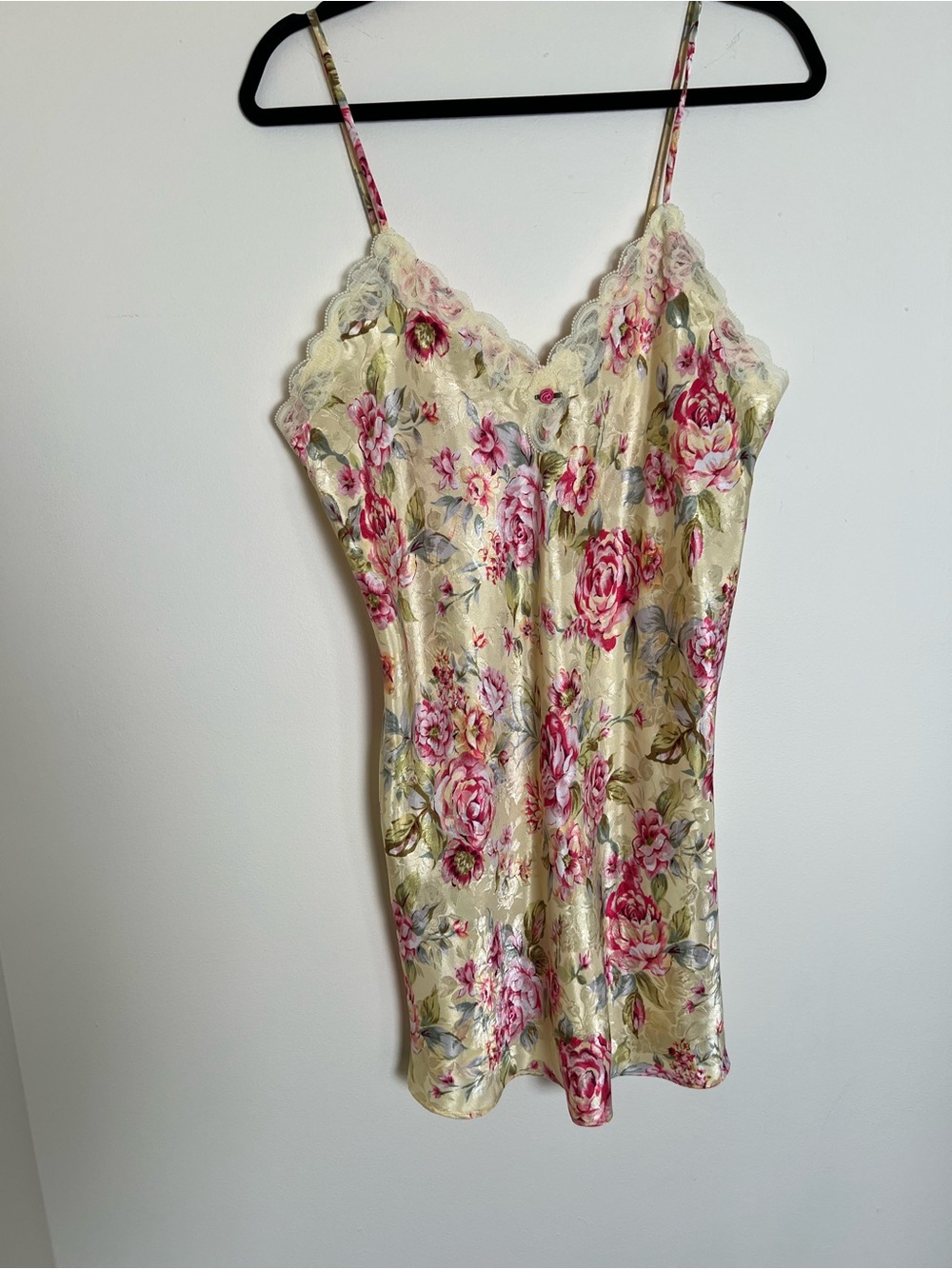 Vintage Floral Satin Lace-Trim Chemise Slip in Butter Yellow with Pink Roses